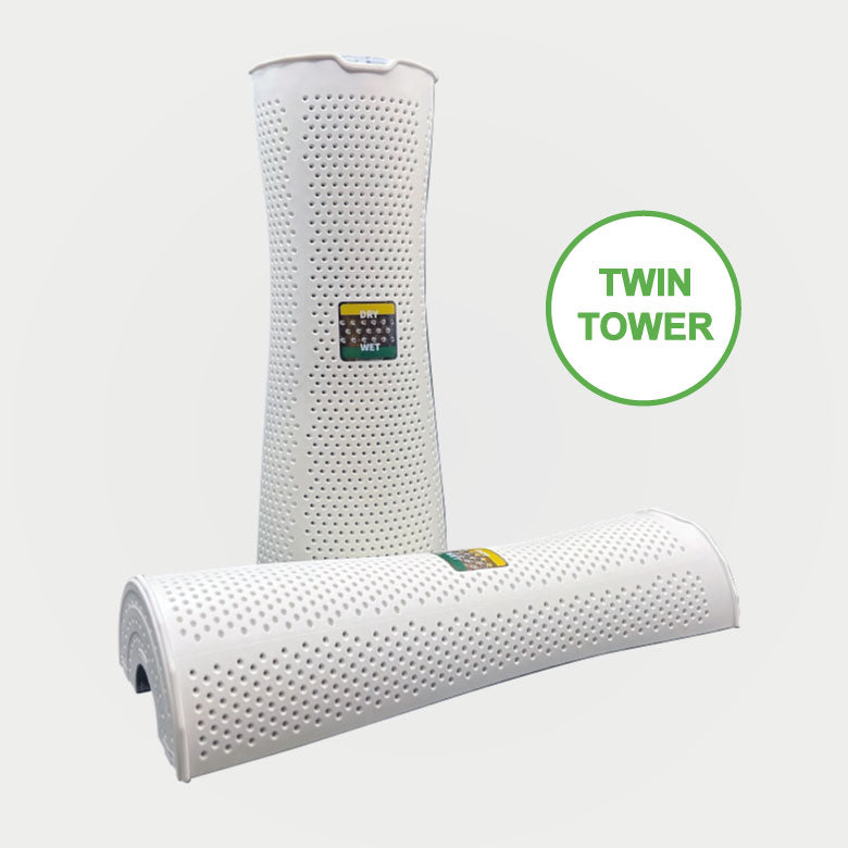 Two white mattresses with 'Twin Tower' branding on a light gray background