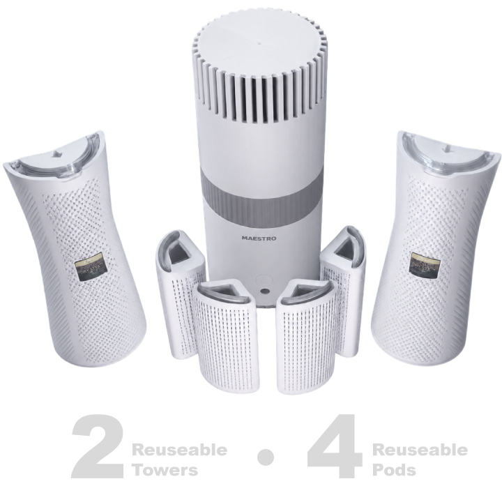 Set of reusable towers and pods on a white background