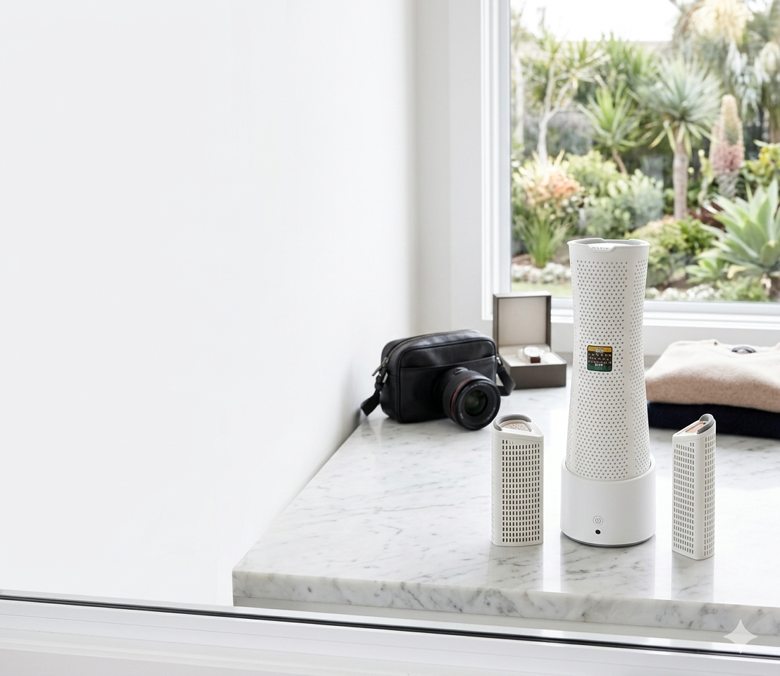 Dry Styx unit on a marble surface with a garden view outside the window