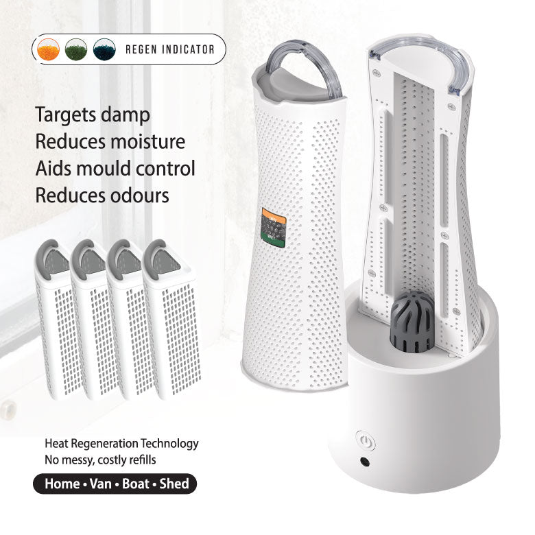 White and gray device with text highlighting its features on a white background