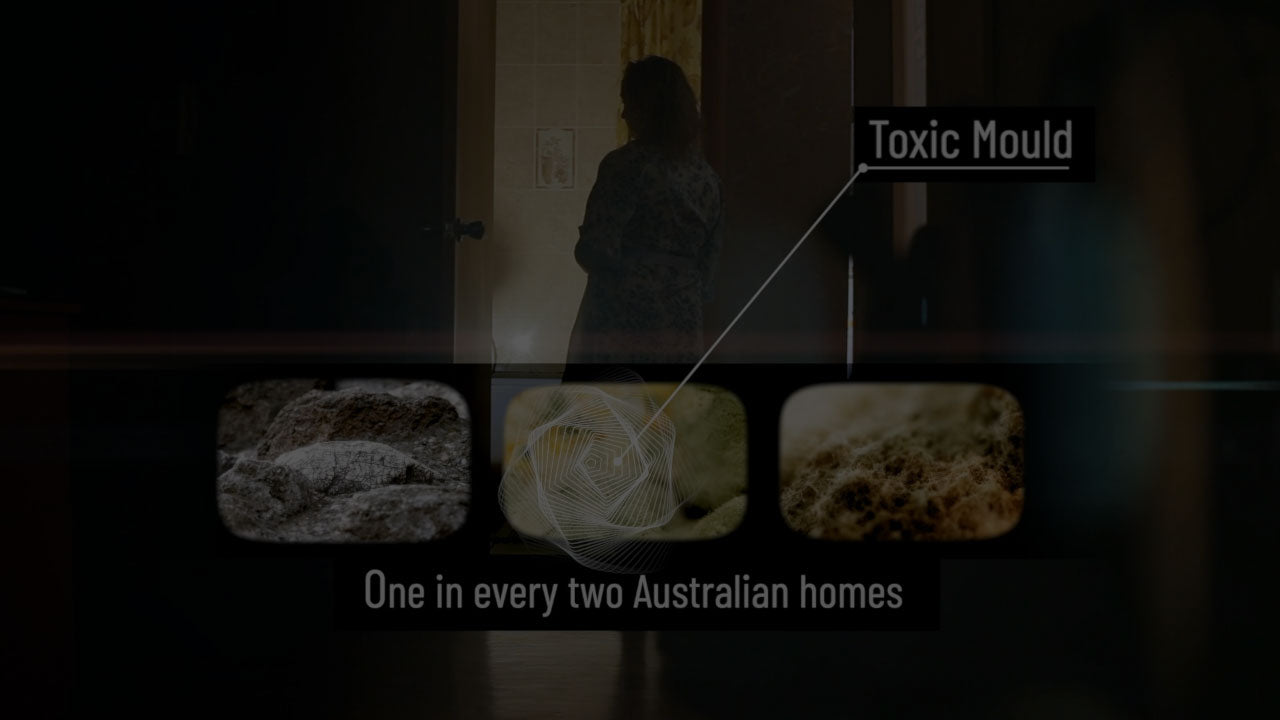 Person standing in a dark room with text about toxic mould and statistics on Australian homes.