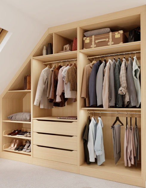 Wooden wardrobe with clothes and shoes in a well-lit room