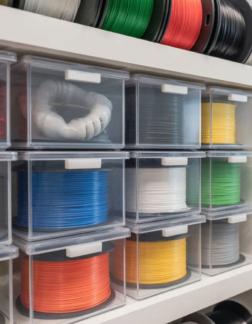 Colorful spools of filament in clear storage drawers on a shelf
