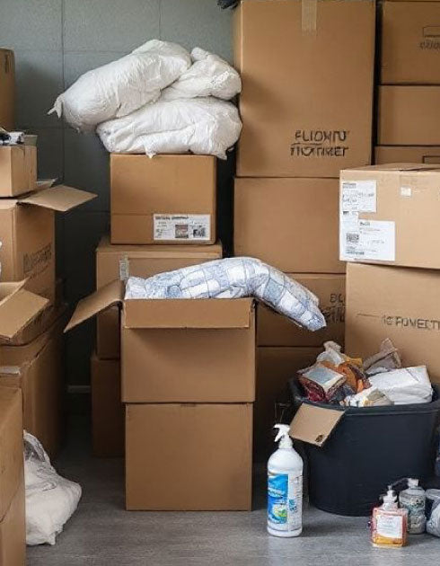 Stacks of cardboard boxes with various items inside, including a bottle of cleaning spray on the floor.