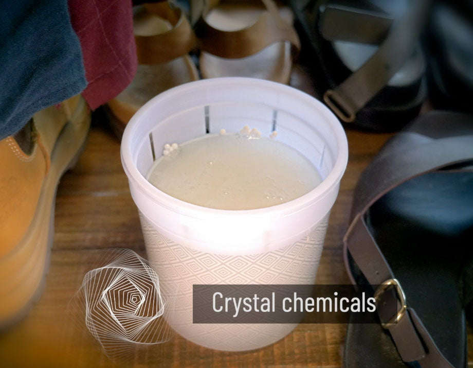 White container with crystal chemicals on a wooden surface with shoes and a bag in the background.