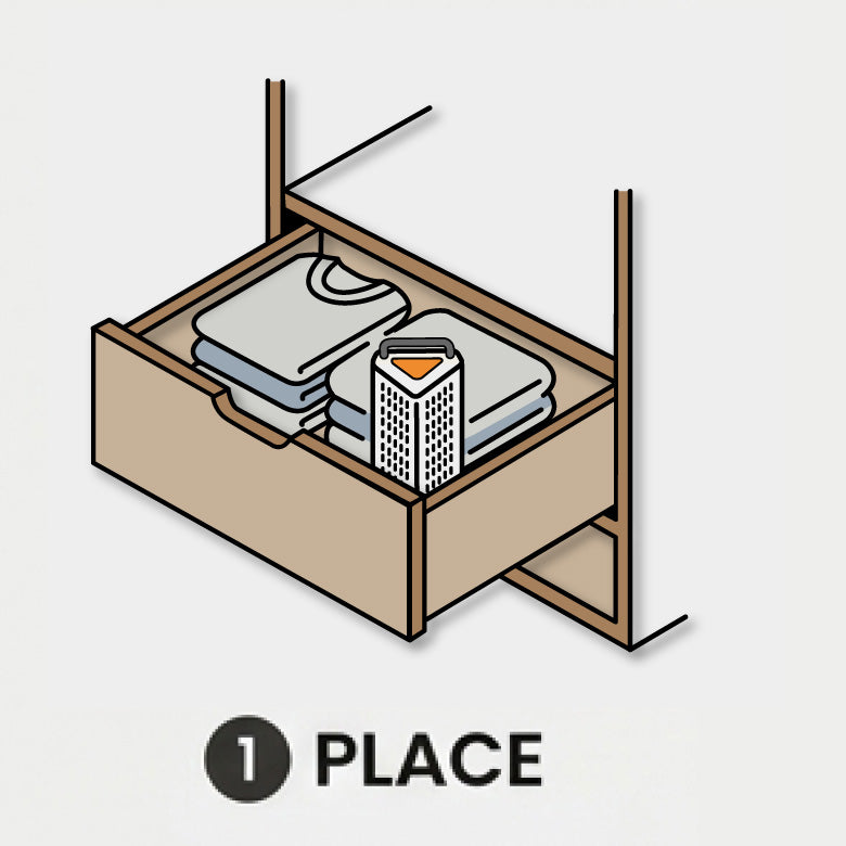 Illustration of a drawer with folded clothes and a container labeled 'PLACE'.