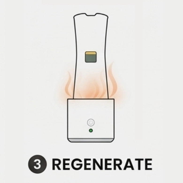 Illustration of a device with flames and 'REGENERATE' text on a light gray background