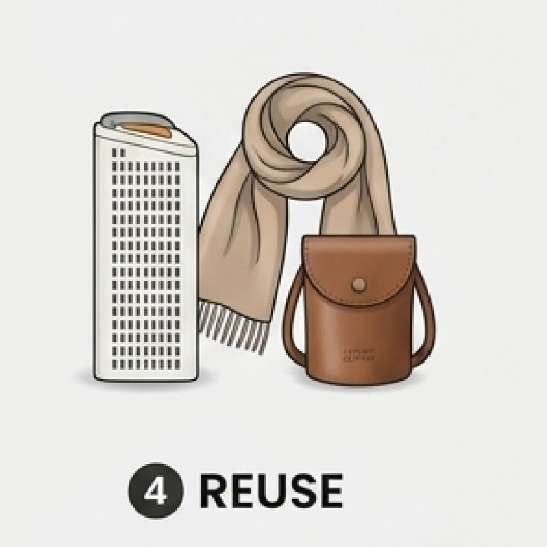 Scarf, grater, and brown pouch with 'REUSE' text on a light gray background