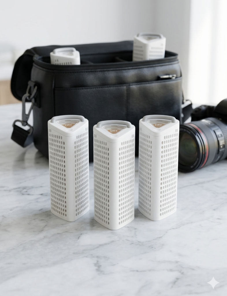 Three white filter cartridges on a marble surface with a camera and bag in the background.