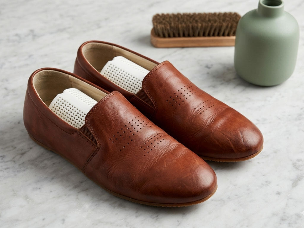 Pair of brown leather shoes on a marble surface with a brush and vase in the background.