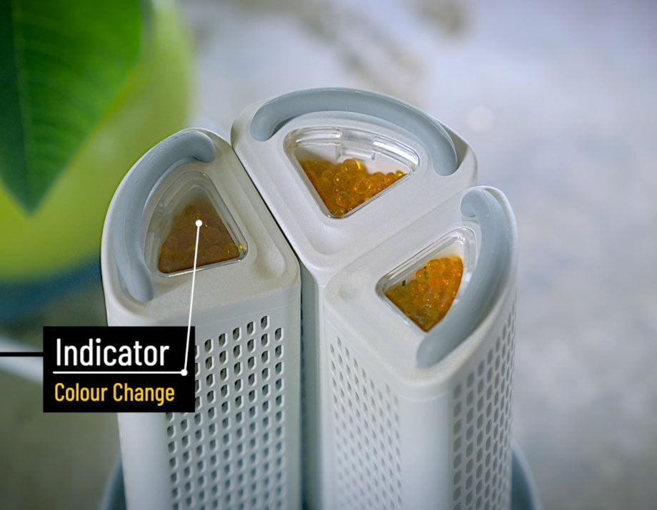 White container with triangular compartments containing orange beads, labeled 'Indicator Colour Change'.