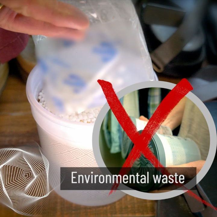Close-up of a container with a red 'X' over it, indicating environmental waste, with a blurred background.