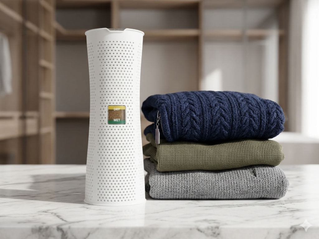 Stack of folded sweaters with a textured white cylindrical product on a marble surface.