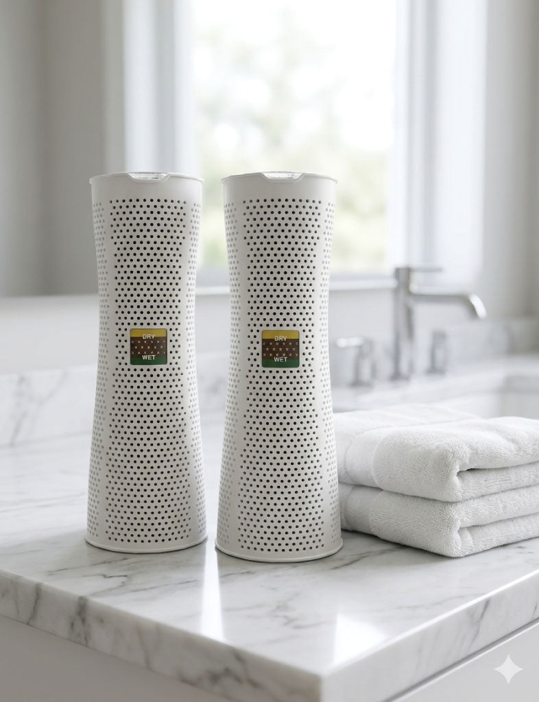 Two white cylindrical Dry Styx Towers on a marble surface with a blurred background
